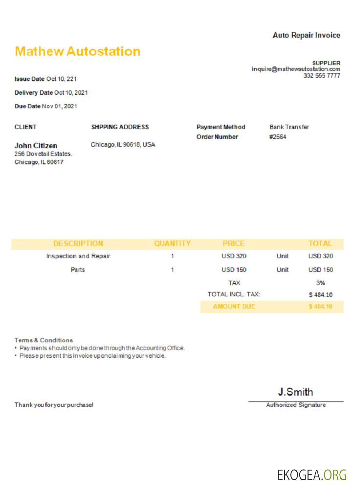 Facture USA Mathew Autostation